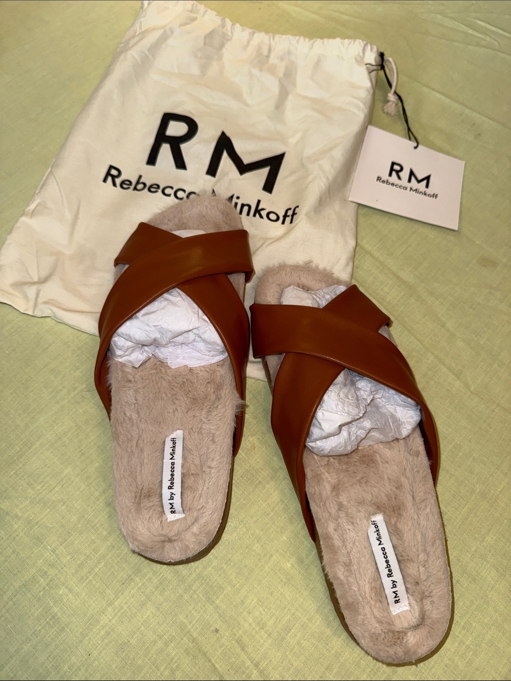 Rebecca Minkoff Brown Crisscross Shearling Slide Mules
